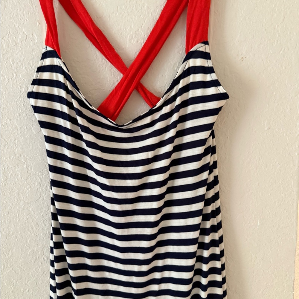 Striped Navy and White Dress with Red Straps